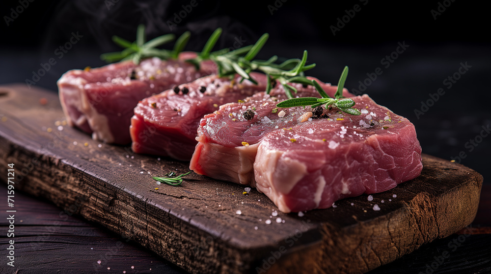 raw fresh beef steaks, sliced, on a wooden board with a sprig of rosemary and spices. meat to be cooked