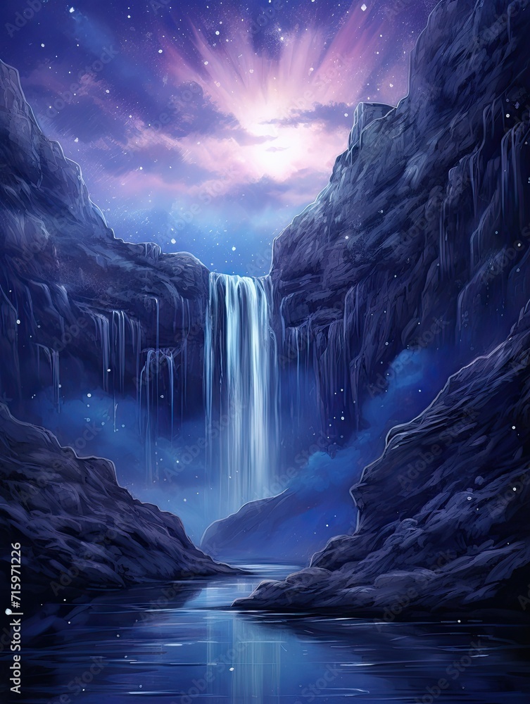 Majestic Night Sky Waterfall: Starry Cascades Artwork with a Backdrop