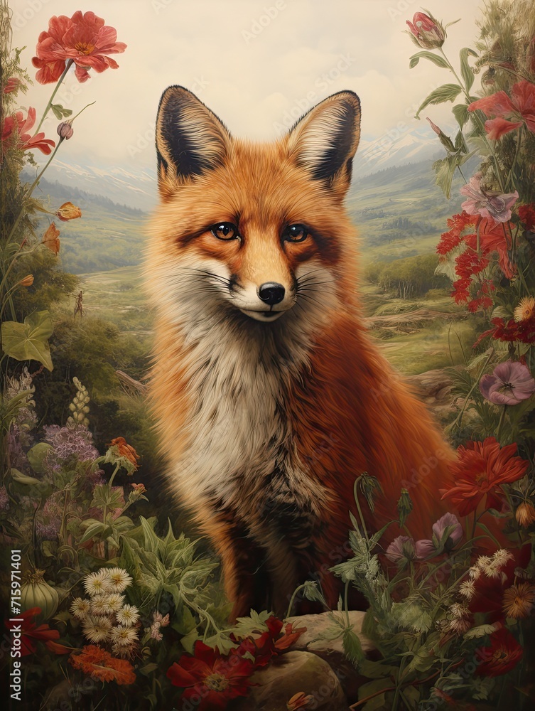 Naklejka premium Majestic Vintage Fox: Countryside Art and Wildlife Portraits