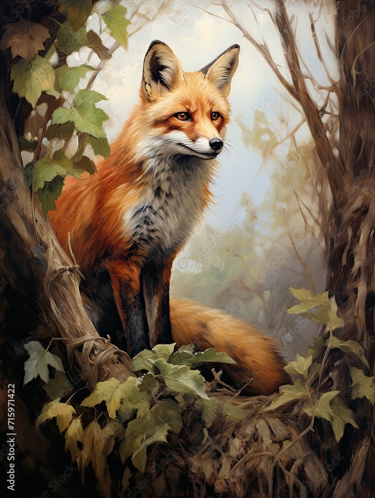 Fototapeta premium Majestic Wildlife Portraits: Vintage Fox Countryside Art - Unique Painting Collection