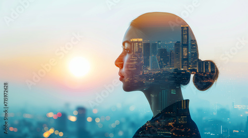 Double Exposure portrait of business woman with city skyline, corporate imagery photo
