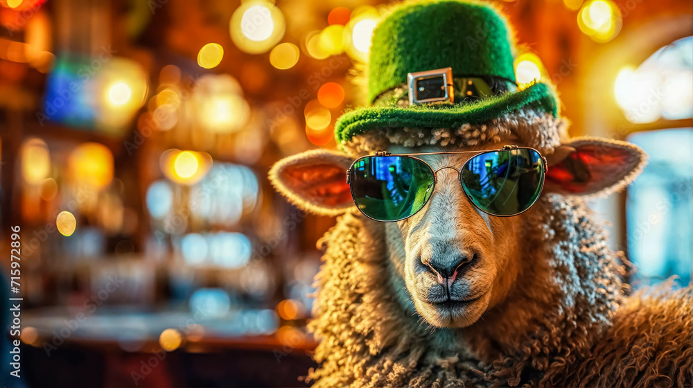 Fototapeta premium Funny Portrait Of a Sheep Donning Stylish Sunglasses and a Festive Green Saint Patrick's Day Hat. In A Pub Background. St Patrick Celebration