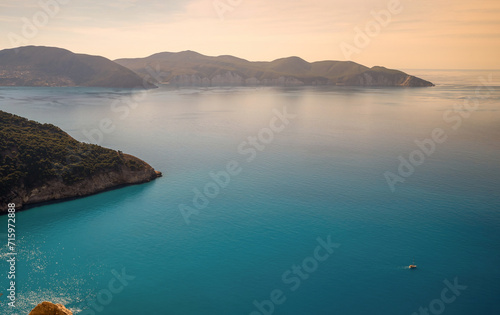 Obraz na płótnie Top view of the famous Myrtos beach on Kefalonia island, Ionian sea, Greece. Myrtos beach with turquoise sea water on Cephalonia Greek island w salonie