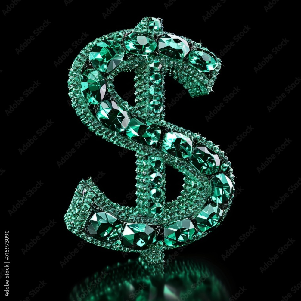 Emerald Crystal Dollar Sign isolated on Black Background. Photorealistic Buck Sign on Black backdrop. Square Illustration. Ai Generated Finance and Currency 3D Symbol. Emerald Crystal Dollar Sign isolated on Black Background. Photorealistic Buck Sign on Black backdrop. Square Illustration. Ai Generated Finance and Currency 3D Symbol.