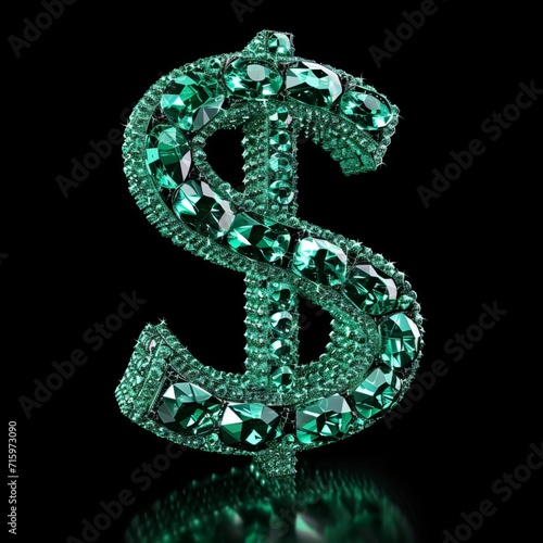 Emerald Crystal Dollar Sign isolated on Black Background. Photorealistic Buck Sign on Black backdrop. Square Illustration. Ai Generated Finance and Currency 3D Symbol.