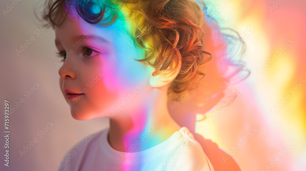 Double exposure portrait of child blended with iridescent rainbow, creative art of childhood imagination and wonder Double exposure portrait of child blended with iridescent rainbow, creative art of childhood imagination and wonder