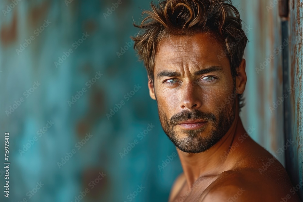 A rugged man with a chiseled jawline and defined muscles gazes confidently at the camera, his piercing eyes conveying a sense of strength and determination A rugged man with a chiseled jawline and defined muscles gazes confidently at the camera, his piercing eyes conveying a sense of strength and determination