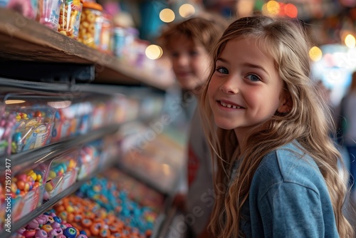 A young woman and boy share a joyful moment as they peruse the colorful retail shelves, their faces adorned with smiles as they select their favorite candies from the indoor store