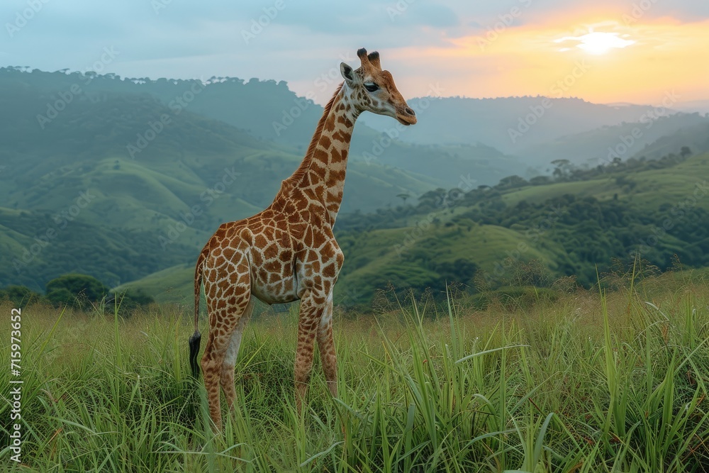 Obraz premium A majestic giraffe stands tall in a lush grassy field, surrounded by the vastness of the savanna and the beauty of nature at sunrise