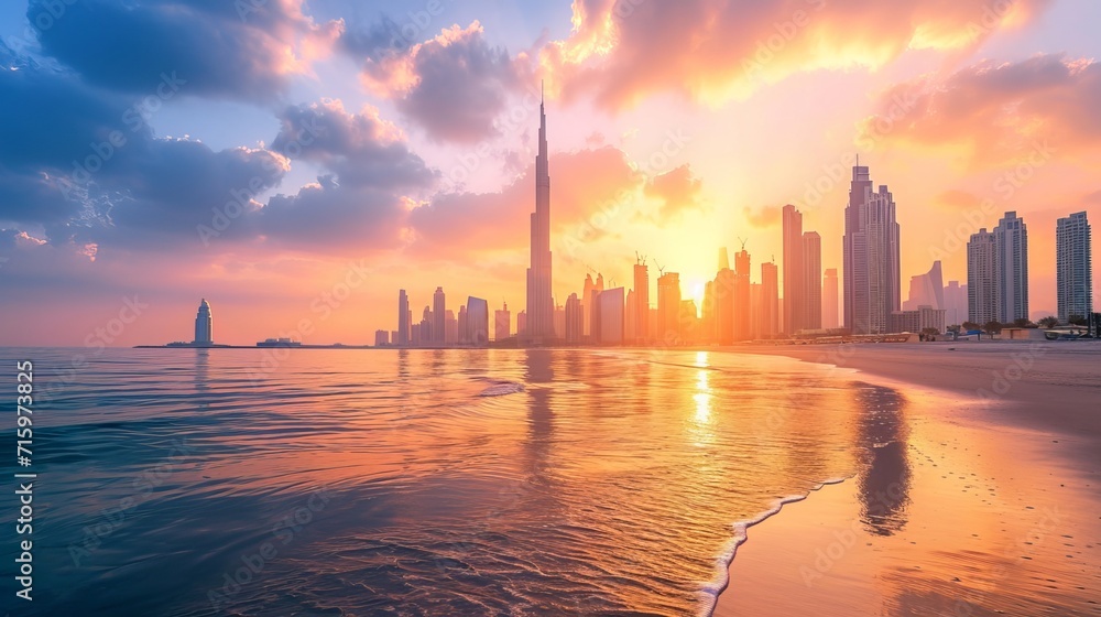 Dubai city - amazing city center skyline and famous Jumeirah beach at sunset, United Arab Emirates 
