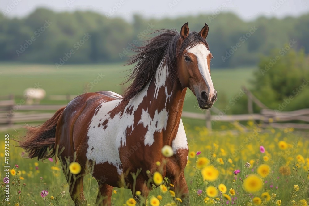 A majestic mustang horse stands proudly amidst a sea of vibrant flowers, its brown mane flowing in the breeze, embodying the beauty and freedom of nature