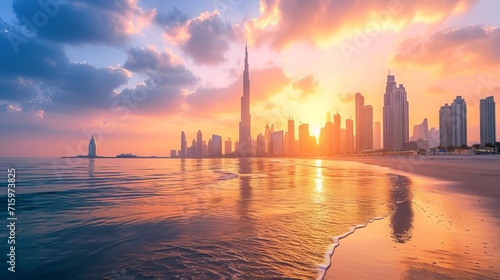 Dubai city - amazing city center skyline and famous Jumeirah beach at sunset, United Arab Emirates 