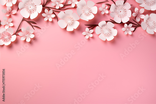 Beautiful spring, Mothers Day or Womens Day background or banner. Delicate paper flowers with copy space. © Anastasiia