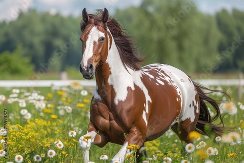 A majestic stallion gallops through a vibrant field of flowers, his mane flowing in the wind as he stands tall against the backdrop of a clear blue sky