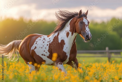 A majestic sorrel mustang horse gallops through a picturesque field of yellow flowers, its mane flowing in the wind against a vibrant blue sky