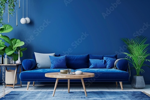 Home interior mock-up with blue sofa, wooden table and decor in blue living room, 3d render
