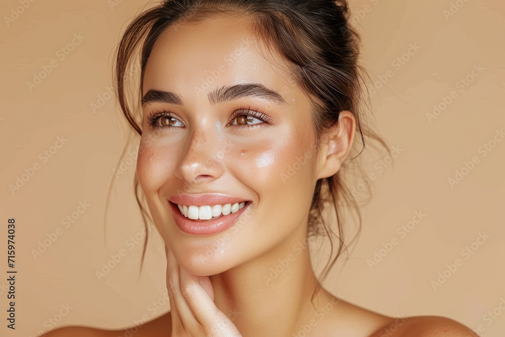 A radiant lady captures the essence of joy and femininity with a simple smile and delicate touch to her glowing face, highlighting her natural beauty and captivating features in this stunning portrai A radiant lady captures the essence of joy and femininity with a simple smile and delicate touch to her glowing face, highlighting her natural beauty and captivating features in this stunning portrai