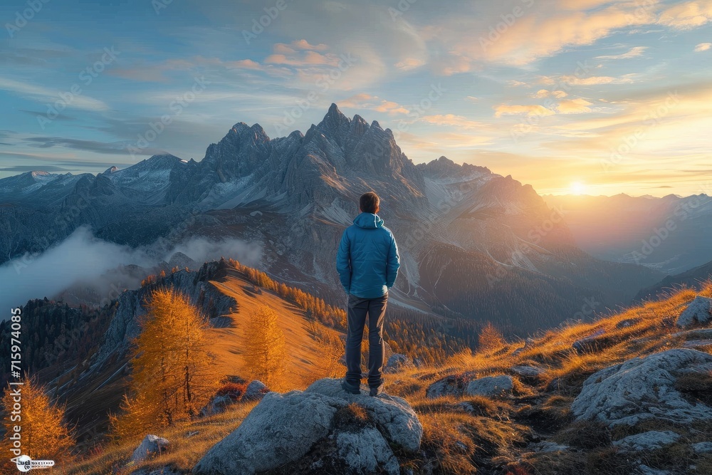 A solitary figure stands atop a rocky perch, gazing in awe at the majestic mountains looming before them, bathed in the warm hues of a breathtaking sunrise