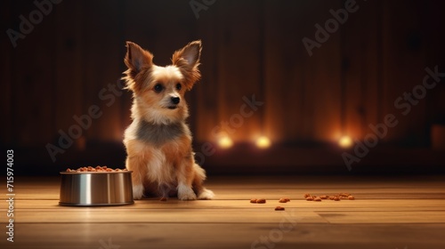Cute dog sitting on the floor next to a bowl with dogfood in the house. Pets indoors. AI Generated 