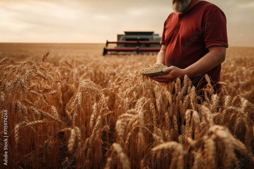 Amidst the vast golden field of triticale and hordeum, a man in traditional clothing holds a plate of grain as the sky fills with fluffy clouds, capturing the essence of agriculture and the bountiful - obrazy, fototapety, plakaty 
