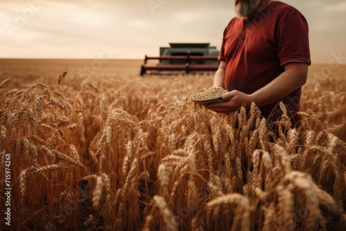 Amidst the vast golden field of triticale and hordeum, a man in traditional clothing holds a plate of grain as the sky fills with fluffy clouds, capturing the essence of agriculture and the bountiful photo