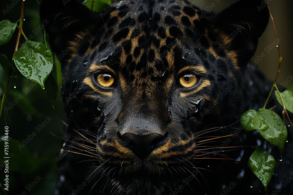 Portrait of a black panther, leopard with yellow eyes in the jungle. Generated by artificial intelligence