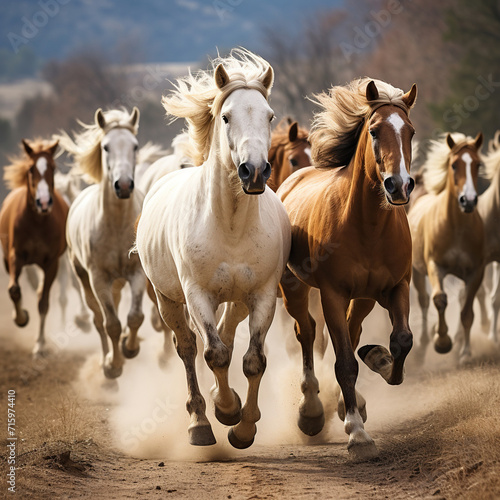 A herd of horses gallops along a country road. Generated by artificial intelligence