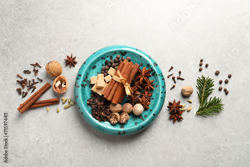 Different aromatic spices and fir branches on light textured table, flat lay