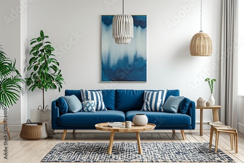 Home interior mock-up with blue sofa, wooden table and decor in white living room, panorama, 3d render photo