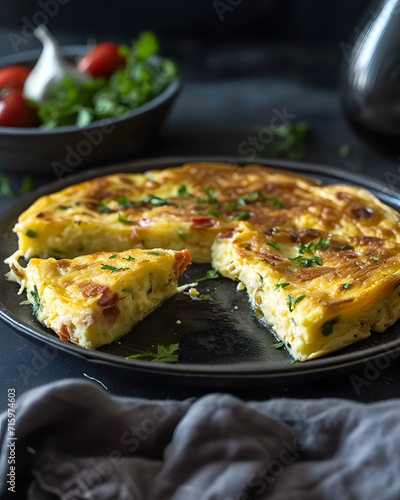 Spinach and cheese traditional homemade pie sliced and served with vegetable salad on the table. Food concept phot