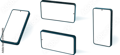 Smart phone android device mockup. 3d vertical, angle and horizontal perspective device. Mobile interface minimal screen isolate. Modern brand model smartphone.