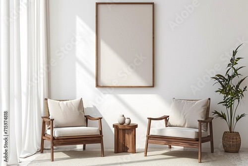 Living room design with empty wall mockup, two wooden chairs on white wall, copy space © Ahtesham