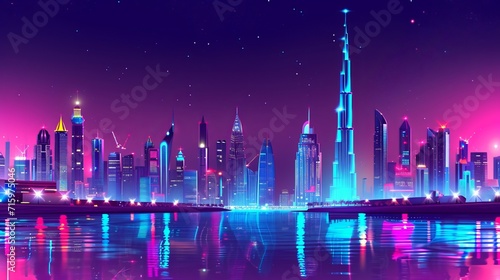  DUBAI city with hotel tower skyline  neon illumination. UAE night cityscape architecture background  modern megapolis at Persian Gulf waterfront. Cartoon vector illustration