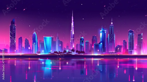 "DUBAI city with hotel tower skyline, neon illumination. UAE night cityscape architecture background, modern megapolis at Persian Gulf waterfront. Cartoon vector illustration