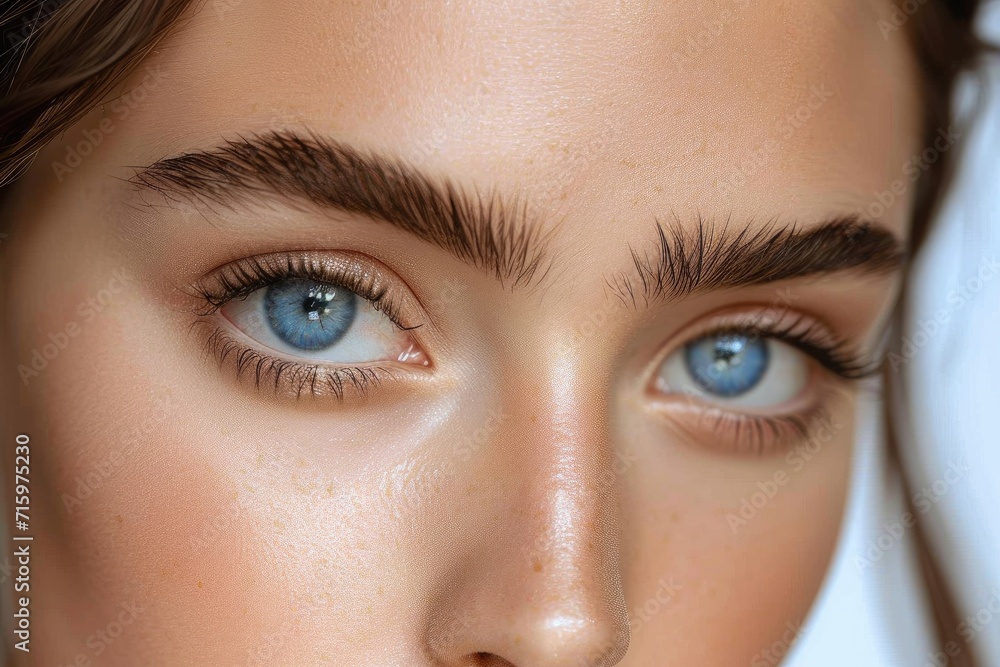 Obraz premium Intense and captivating, a woman's eyes reveal a world of beauty and expression, adorned with delicate eyelashes, bold eyebrows, and carefully applied toiletries