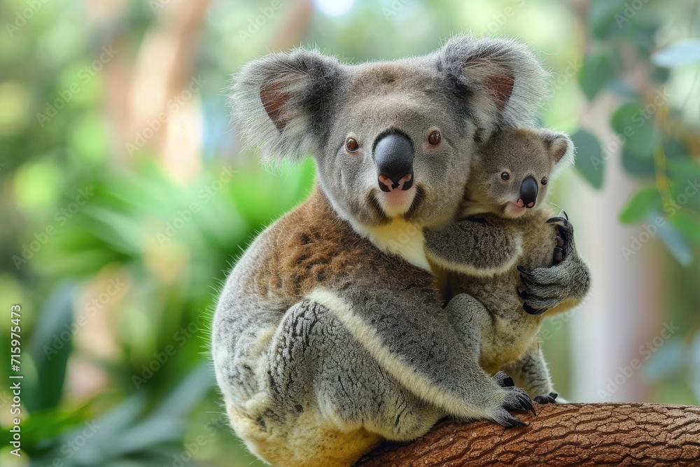 Fototapeta premium A gentle koala bear tenderly cradles its precious baby, basking in the beauty of the great outdoors as a symbol of maternal love and the wonders of marsupial wildlife