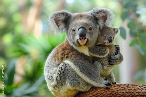 A gentle koala bear tenderly cradles its precious baby  basking in the beauty of the great outdoors as a symbol of maternal love and the wonders of marsupial wildlife