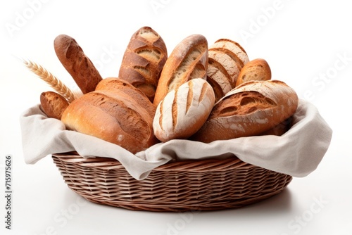Basket of freshly baked crispy bread on a white background. Advertising concept for bakeries or cafes