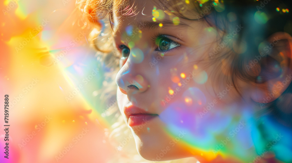 Fototapeta premium Double exposure portrait of child blended with iridescent rainbow, creative art of childhood imagination and wonder