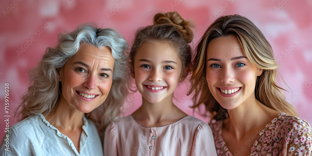 Portrait of grandmother, mother and kid girl, happy family of three generations hugging with love, tenderness at home, bonding, smiling. Mother´s or international women´s day concept.
