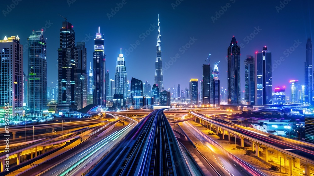 Dubai Skyline and Downtown with SZR lightrail and Lights 