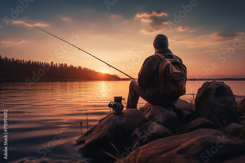 Fisherman with fishing rod and backpack sitting on the bank of a river or lake in warm clothes, forest, sunrise or sunset, sun over water