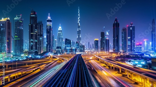 Dubai Skyline and Downtown with SZR lightrail and Lights 