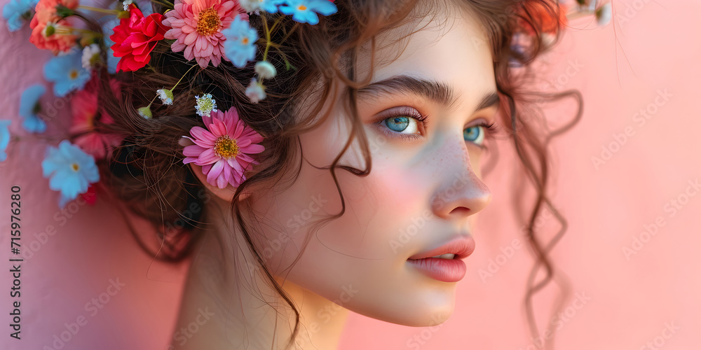 Female portrait in profile with spring and summer flowers in her head hair, on pastel pink background. Creative International Women's history month day banner with copy space.