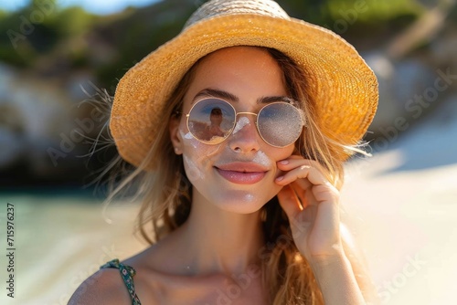A stylish woman radiates confidence and summer vibes as she rocks a chic straw hat and trendy sunglasses while basking in the warm sun at the beach