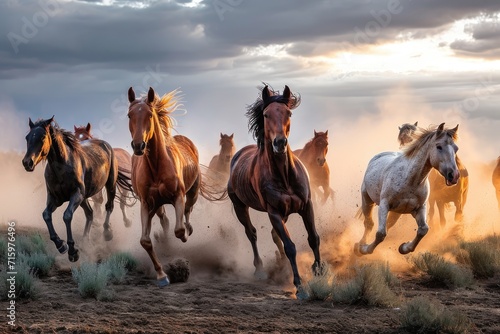 A majestic herd of stallions and mares gallop through the open field, their flowing manes and powerful strides evoking a sense of freedom and adventure under the vast sky © Pinklife