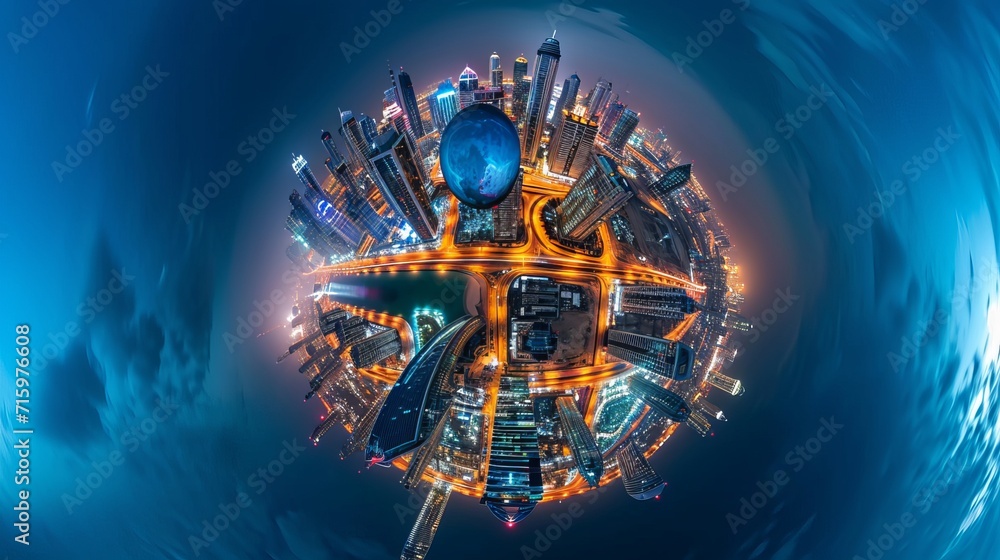 Dubai skyline at night, Little Planet effect. panoramic aerial top view to downtown city center landmarks - obrazy, fototapety, plakaty 
