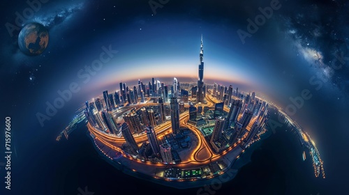 Dubai skyline at night, Little Planet effect. panoramic aerial top view to downtown city center landmarks photo
