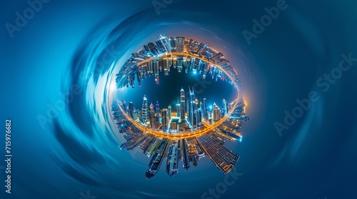 Dubai skyline at night, Little Planet effect. panoramic aerial top view to downtown city center landmarks