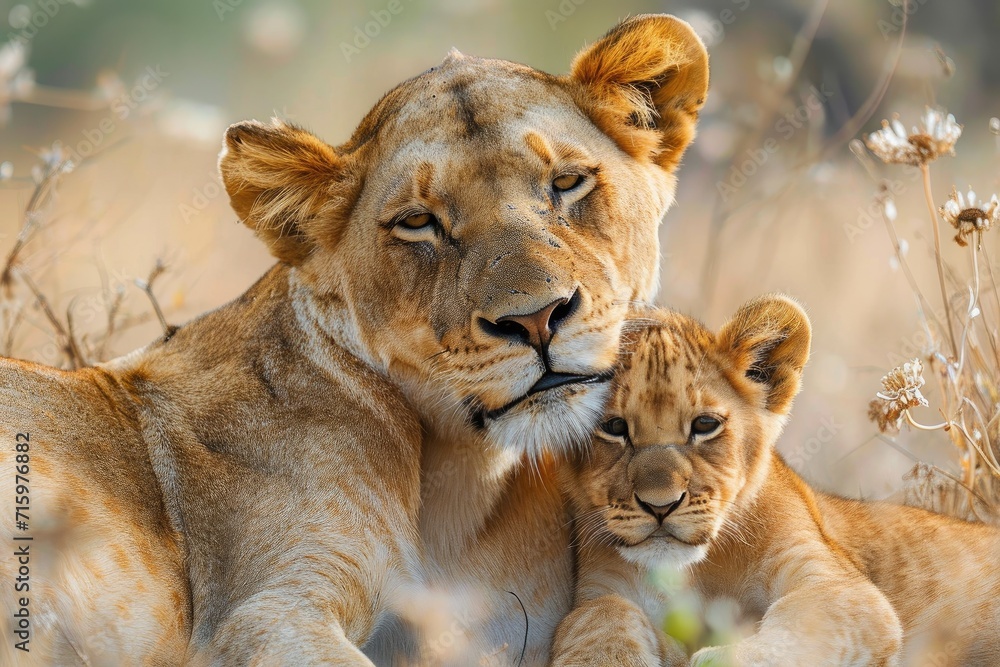 Obraz premium A majestic masai lion and her playful cub rest together in the wild, surrounded by the vibrant greens of the savannah
